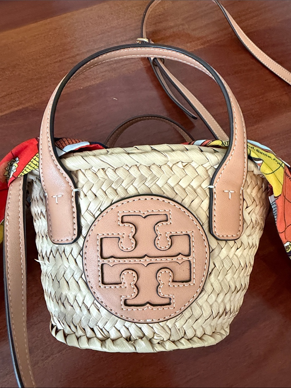 Tory Burch Straw Mini Basket Bag with Pink Leather Trim and Multicolor Scarf - Picture 9 of 9